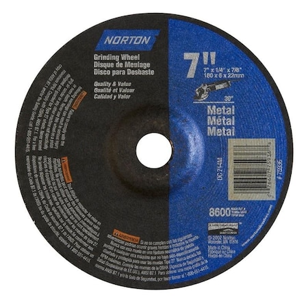 Norton Co Grinding Wheel, Depressed Center, Type 27- Metal - Aluminum Oxide, 7 x 1/4 x 7/8, Max RPM: 8600 076607-75936